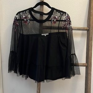 Willow & Clay embroidered illusion neckline top